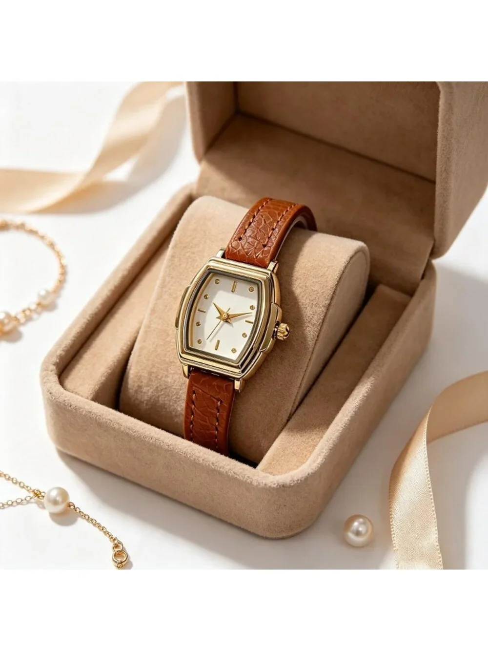 Women's Brown Rectangular Case Metal Case Simple Dial Leather Strap Wrist Watch